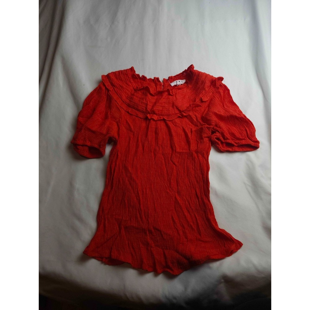 THML Blouse Womens Small Red Knit Short Sleeve Ruffle Trim Crinkle Top Casual